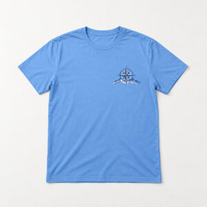 Trail Compass Performance Tee with compact chest print of a compass rose over a simple ridge line in navy and white