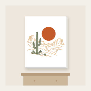 Desert Sun and Canyon Lines Canvas Print in white: A rust-orange sun disc over sparse canyon contour lines and one sage cactus silhouette, flat screen look.