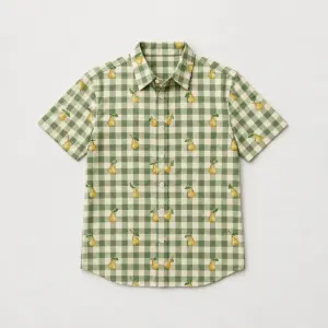 Orchard Gingham Button-Down Shirt with all-over gingham checks in green and cream with small pears scattered between them
