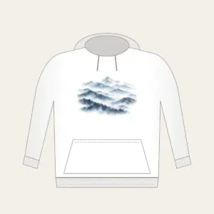 Misty Grey-Blue Ridgelines Hoodie in white: Grey-blue ridges layer into fog across the artwork.