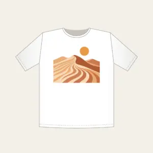 Dune Ripples with a Small Sun T-Shirt in white: Sand dune ripples in warm tan, terracotta and cream under a small sun.