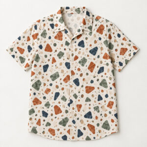 Terrazzo Tile Button-Down Shirt with an all-over terrazzo pattern of chips in terracotta, sage, navy and cream on a warm white field