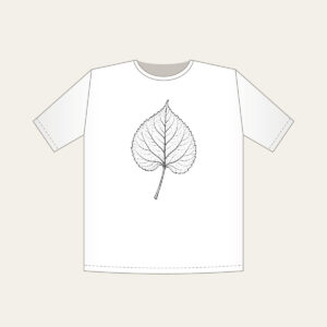 Single Leaf Study in Black Line Art T-Shirt in white: A single leaf and stem in fine black line art, edged with a thin border.