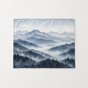 Mountain Mist Fleece Blanket with layered mountains in grey-blue gradients fading into mist