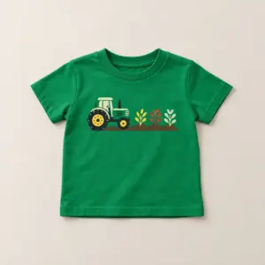 Kelly Green Tractor Row Toddler Tee with compact front chest panel print of a simple tractor beside three rows of sprouting crops in yellow, red and cream