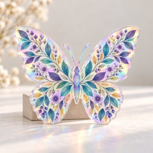 Butterfly Garden Hologram Plaque with butterfly-shaped plaque with symmetrical wings of tiny leaves and blossoms in violet, teal and gold, 2-side printed