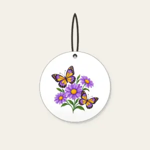 Two Butterflies and Three Daisies Ceramic Ornament in white: Two butterflies hover near three daisies in purple and yellow.