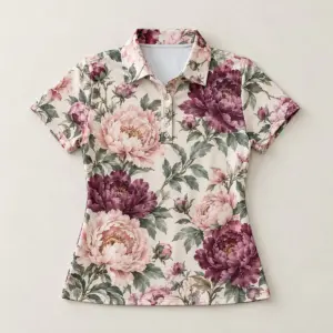 Women's Midweight Peony Polo with all-over peony clusters in blush, plum and sage