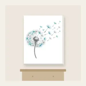 Dandelion Seed Head Drifting Away Canvas Print in white: A dandelion seed head releases seeds in grey and teal on white.
