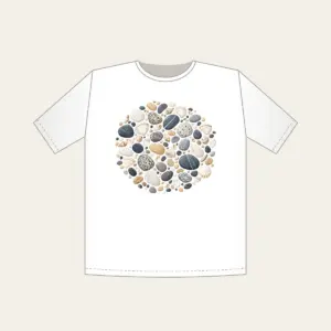 Beach Pebbles and Tiny Shells T-Shirt in white: Pebbles and tiny shells in sand, slate and white are scattered across the artwork.