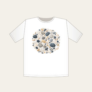 Beach Pebbles and Tiny Shells T-Shirt in white: Pebbles and tiny shells in sand, slate and white are scattered across the artwork.