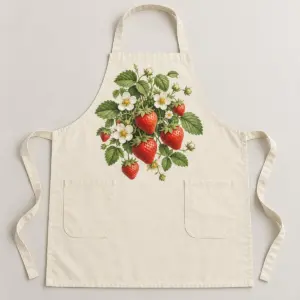 Berry Patch Kitchen Apron with centred bib print of a strawberry cluster with white blossoms and tiny leaves in red, green and cream