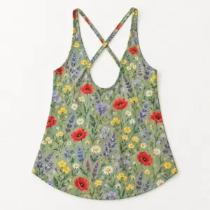 Wildflower Crossback Tank Top with an all-over scatter of wildflowers in lavender, poppy red and butter yellow on sage
