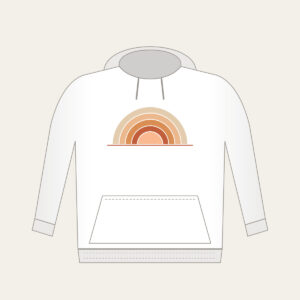 Stepped Arc Sunrise Over the Horizon Hoodie in white: A rising sun built from five stepped arcs in apricot, rust and sand above one thin horizon line.