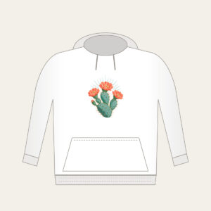 Prickly Pear with Three Coral Blossoms Hoodie in white: A prickly pear cactus with three coral blossoms and fine sun rays in weathered turquoise and coral.