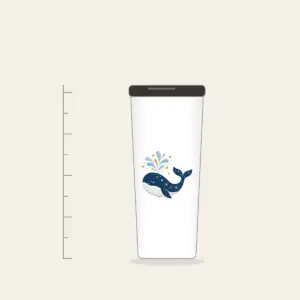 Starry Whale with Water Spout Tumbler in white: A friendly whale lifts a spout of water among tiny white and gold stars.
