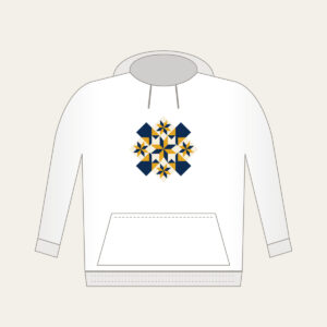 Mustard and Navy Patchwork of Stars Hoodie in white: A patchwork of stars and diamonds in navy, mustard and cream.