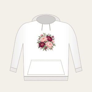 Blush and Plum Peony Blooms Hoodie in white: Full peony blooms in blush, plum and sage fill the space in a lush repeating pattern.