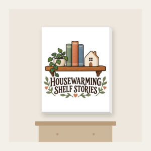 HOUSEWARMING SHELF STORIES Canvas Print in white