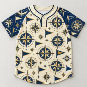 Compass Pennant Youth Baseball Jersey with all-over compass roses and pennants in navy, gold and cream