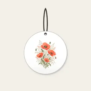 Poppies and Fine Grasses Illustration Ceramic Ornament in white: Poppies and fine grasses drawn in coral and olive on a cream ground.