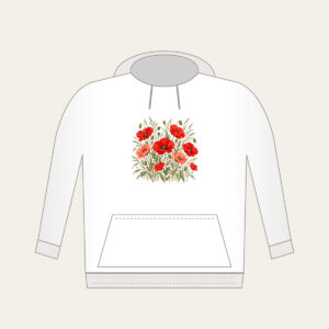 Poppies and Tall Grasses on Cream Hoodie in white: Red and coral poppies stand among tall olive grasses on a cream ground.