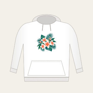 Plumeria and Palm Leaves on Deep Teal Hoodie in white: White and coral plumeria blossoms and palm leaves glow against a deep teal base.