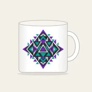 Violet and Teal Triangle Pattern Mug in white: A bold geometric pattern of triangles in violet, teal and silver on charcoal.