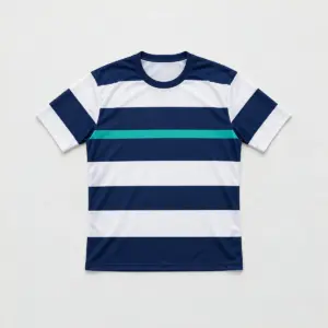 Coastal Stripe Soccer Jersey with horizontal stripes in white and navy with a thin teal band across the chest