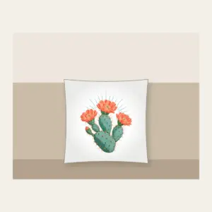 Prickly Pear with Three Coral Blossoms Pillow in white: A prickly pear cactus with three coral blossoms and fine sun rays in weathered turquoise and coral.