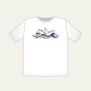 Folded Paper Boat on Navy Waves T-Shirt in white: A folded paper boat on fine-lined waves in navy and coral.