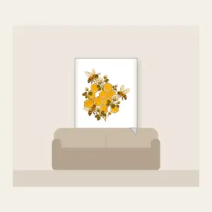 Honeycomb Grid with Bees and Clover Fleece Blanket in white: A hexagonal honeycomb grid with three small bees and tiny clover blossoms in gold and brown.