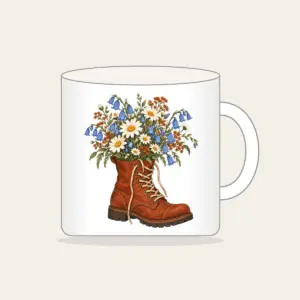 Lace-Up Boot Overflowing with Daisies Mug in white: A lace-up boot spilling daisies and bluebells in cream, sky blue and rust.