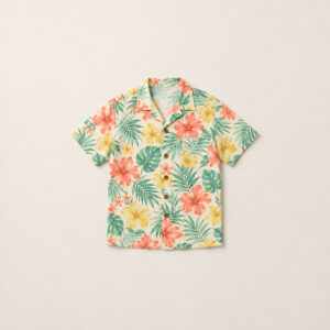 Tropic Sorbet Pocket Regular Fit Hawaiian Shirt with all-over hibiscus and palm leaves in coral, mint and lemon on cream