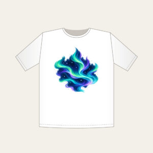 Northern Lights over Starry Navy T-Shirt in white: Flowing aurora bands in green, teal and violet sweep over a deep navy sky dotted with tiny stars.