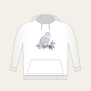 Snowy Owl on a Frosted Branch Hoodie in white: A snowy owl on a frosted branch in white, grey and ice blue.