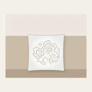 Moss Contour Map Pillow in white: Topographic contour lines in moss, sand and cream with a tiny peak marker.