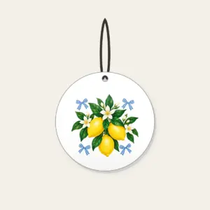 Lemons with Gingham Corners Ceramic Ornament in white: Bright yellow lemons and deep green leaves on a clean white ground, tucked with small blue gingham accents.