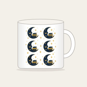 Crescent Moon with a Stack of Books Mug in white: A crescent moon holds a small stack of books among tiny stars in navy and gold.