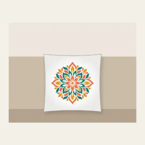 Petal Mosaic Kaleidoscope Pillow in white: Symmetrical petal mosaics in coral, teal, mustard and cream.