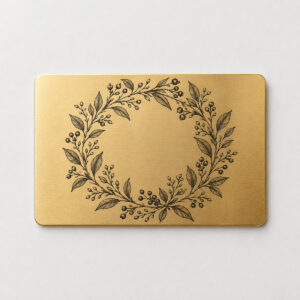 Botanical Pocket Wallet Card with a fine botanical wreath of leaves and berries in dark ink on Gold