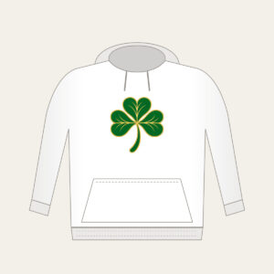 Gold-Edged Clover Leaf Hoodie in white: A flat clover leaf in green and gold sits inside a thin border line.