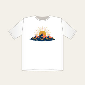 Mountain Range with a Golden Sunrise Disc T-Shirt in white: A mountain range at sunrise with a golden sun disc at the center in navy, coral and gold.