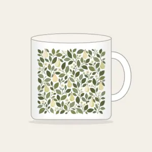 Pear and Leaf Mosaic Mug in white: Leaves and tiny pears form a mosaic in sage, olive and cream.
