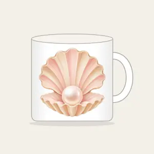 Scallop Shell Holding a Pearl Mug in white: A scallop shell holds a single pearl in blush and sand tones.