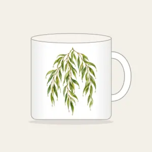 Weeping Willow Branches with Dewdrops Mug in white: Weeping willow branches in green and gold carry tiny dewdrops and small leaf pendants.