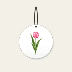 Single Pink Tulip with Long Leaves Ceramic Ornament in white: A single tall tulip with long leaves in pink and green.