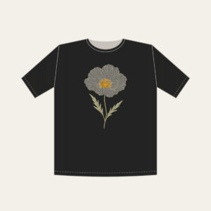 Single Line-Art Poppy T-Shirt in black: A cream line-art poppy with two thin leaves and a small ochre center.