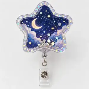 Starlight Shaker Badge Reel with a rounded star with a clear shaker window holding a few tiny silver star pieces over a printed navy sky