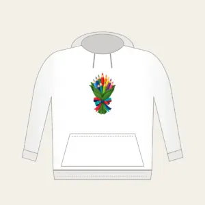 Pencil Bouquet Hoodie in white: Colored pencils gathered like a bouquet in a green leaf wrapping with a red, teal and navy ribbon.